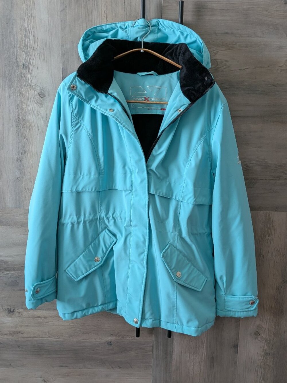 Zero Exposure Women's Hooded Light Blue Full Zip Winter Jacket, L, Snaps